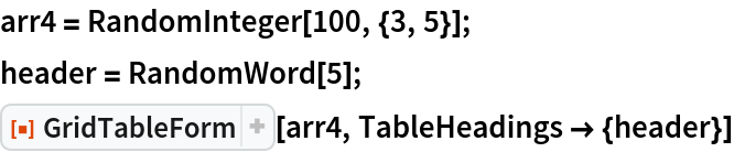 arr4 = RandomInteger[100, {3, 5}];
header = RandomWord[5];
ResourceFunction["GridTableForm"][arr4, TableHeadings -> {header}]