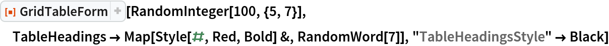ResourceFunction["GridTableForm"][RandomInteger[100, {5, 7}], TableHeadings -> Map[Style[#, Red, Bold] &, RandomWord[7]], "TableHeadingsStyle" -> Black]