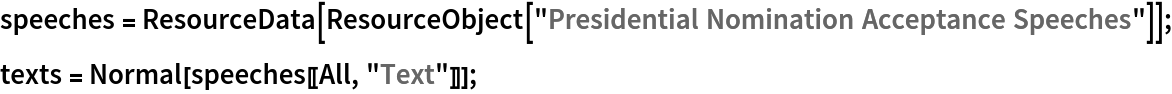 speeches = ResourceData[
   ResourceObject["Presidential Nomination Acceptance Speeches"]];
texts = Normal[speeches[[All, "Text"]]];