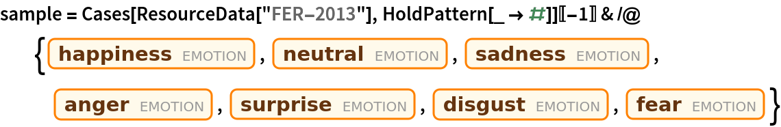 sample = Cases[ResourceData["FER-2013"], HoldPattern[_ -> #]][[-1]] & /@ {Entity["Emotion", "Happiness::d8973"], Entity["Emotion", "Neutral::7468h"], Entity["Emotion", "Sadness::t2566"], Entity["Emotion", "Anger::bb6bt"], Entity["Emotion", "Surprise::dj3w9"], Entity["Emotion", "Disgust::s4t7h"], Entity["Emotion", "Fear::7k5tk"]}