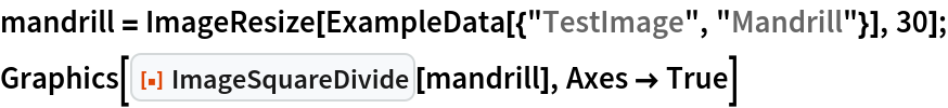 mandrill = ImageResize[ExampleData[{"TestImage", "Mandrill"}], 30];
Graphics[ResourceFunction["ImageSquareDivide"][mandrill], Axes -> True]