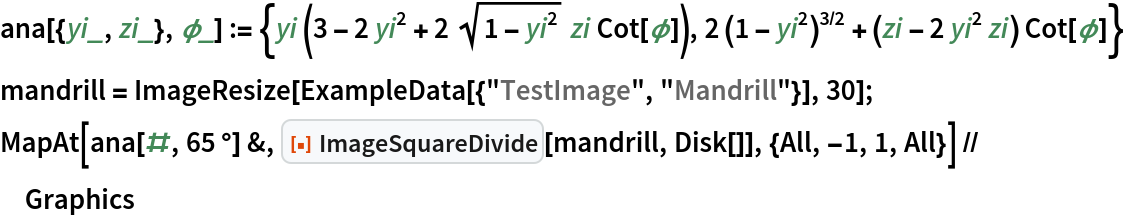 ana[{yi_, zi_}, \[Phi]_] := {yi (3 - 2 yi^2 + 2 Sqrt[1 - yi^2] zi Cot[\[Phi]]), 2 (1 - yi^2)^(3/2) + (zi - 2 yi^2 zi) Cot[\[Phi]]}
mandrill = ImageResize[ExampleData[{"TestImage", "Mandrill"}], 30];
MapAt[ana[#, 65 \[Degree]] &, ResourceFunction["ImageSquareDivide"][mandrill, Disk[]], {All, -1, 1, All}] // Graphics