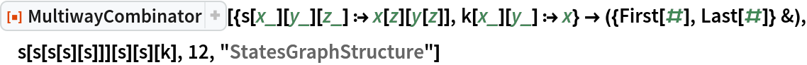 ResourceFunction[
 "MultiwayCombinator"][{s[x_][y_][z_] :> x[z][y[z]], k[x_][y_] :> x} -> ({First[#], Last[#]} &), s[s[s[s][s]]][s][s][k], 12, "StatesGraphStructure"]