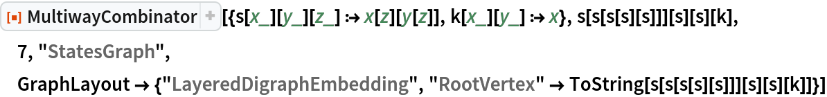 ResourceFunction[
 "MultiwayCombinator"][{s[x_][y_][z_] :> x[z][y[z]], k[x_][y_] :> x}, s[s[s[s][s]]][s][s][k], 7, "StatesGraph", GraphLayout -> {"LayeredDigraphEmbedding", "RootVertex" -> ToString[s[s[s[s][s]]][s][s][k]]}]
