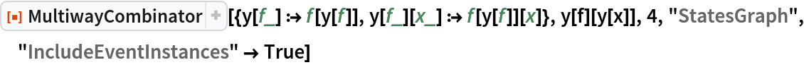 ResourceFunction[
 "MultiwayCombinator"][{y[f_] :> f[y[f]], y[f_][x_] :> f[y[f]][x]}, y[f][y[x]], 4, "StatesGraph", "IncludeEventInstances" -> True]