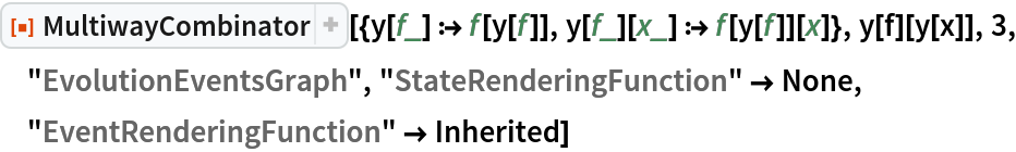 ResourceFunction[
 "MultiwayCombinator"][{y[f_] :> f[y[f]], y[f_][x_] :> f[y[f]][x]}, y[f][y[x]], 3, "EvolutionEventsGraph", "StateRenderingFunction" -> None, "EventRenderingFunction" -> Inherited]