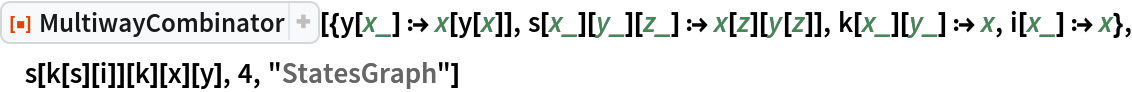 ResourceFunction[
 "MultiwayCombinator"][{y[x_] :> x[y[x]], s[x_][y_][z_] :> x[z][y[z]],
   k[x_][y_] :> x, i[x_] :> x}, s[k[s][i]][k][x][y], 4, "StatesGraph"]