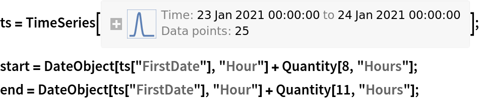 ts = TemporalData[
  TimeSeries, {{{0., 0., 0., 0., 0., 0.1904296875, 0.576171875, 0.986328125, 1.3818359375, 1.4990234375, 1.4794921875, 0.9912109375, 0.478515625, 0.146484375, 0., 0., 0., 0., 0., 0., 0., 0., 0., 0., 0.}}, {
TemporalData`DateSpecification[{2021, 1, 23, 0, 0, 0.}, {2021, 1, 24, 0, 0, 0.}, {1, "Hour"}]}, 1, {"Continuous", 1}, {"Discrete", 1}, 1, {ResamplingMethod -> {"Interpolation", InterpolationOrder -> 1},
      ValueDimensions -> 1}}, True, 12.2];
start = DateObject[ts["FirstDate"], "Hour"] + Quantity[8, "Hours"];
end = DateObject[ts["FirstDate"], "Hour"] + Quantity[11, "Hours"];