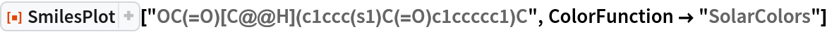 ResourceFunction["SmilesPlot", ResourceVersion->"1.0.0"]["OC(=O)[C@@H](c1ccc(s1)C(=O)c1ccccc1)C", ColorFunction -> "SolarColors"]