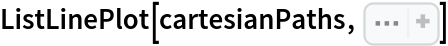 ListLinePlot[cartesianPaths, Sequence[
 AspectRatio -> 1, PlotStyle -> Directive[
Thickness[0.004], 
Opacity[0.7]], PlotLabel -> "Stochastic Central Force: 5 Cartesian Trajectories", Frame -> True, FrameLabel -> {"x", "y"}, PlotRange -> All]]