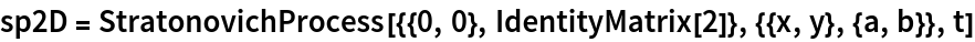 sp2D = StratonovichProcess[{{0, 0}, IdentityMatrix[2]}, {{x, y}, {a, b}}, t]