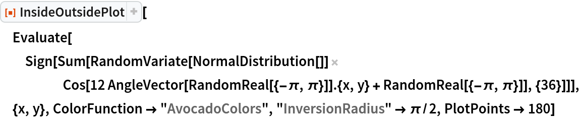 ResourceFunction["InsideOutsidePlot"][
 Evaluate[Sign[
   Sum[RandomVariate[NormalDistribution[]] Cos[
      12 AngleVector[RandomReal[{-\[Pi], \[Pi]}]] . {x, y} + RandomReal[{-\[Pi], \[Pi]}]], {36}]]], {x, y}, ColorFunction -> "AvocadoColors", "InversionRadius" -> \[Pi]/2, PlotPoints -> 180]