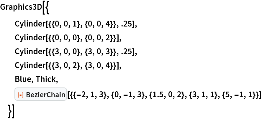 Graphics3D[{
  Cylinder[{{0, 0, 1}, {0, 0, 4}}, .25],
  Cylinder[{{0, 0, 0}, {0, 0, 2}}],
  Cylinder[{{3, 0, 0}, {3, 0, 3}}, .25],
  Cylinder[{{3, 0, 2}, {3, 0, 4}}],
  Blue, Thick,
  ResourceFunction[
   "BezierChain"][{{-2, 1, 3}, {0, -1, 3}, {1.5, 0, 2}, {3, 1, 1}, {5, -1, 1}}]
  }]