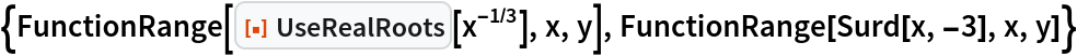 {FunctionRange[ResourceFunction["UseRealRoots"][x^(-1/3)], x, y], FunctionRange[Surd[x, -3], x, y]}