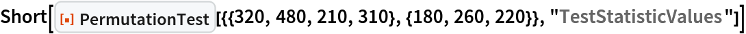 Short[ResourceFunction[
  "PermutationTest"][{{320, 480, 210, 310}, {180, 260, 220}}, "TestStatisticValues"]]