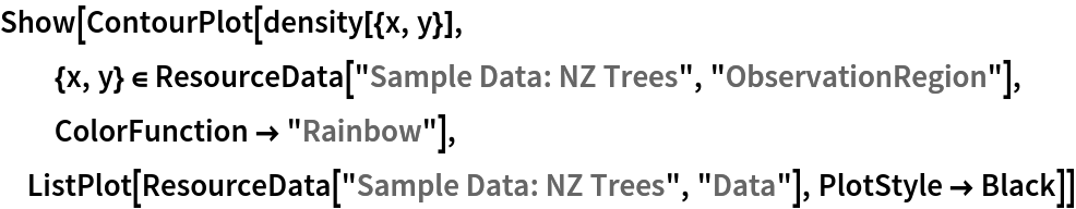 Show[ContourPlot[density[{x, y}], {x, y} \[Element] ResourceData[\!\(\*
TagBox["\"\<Sample Data: NZ Trees\>\"",
#& ,
BoxID -> "ResourceTag-Sample Data: NZ Trees-Input",
AutoDelete->True]\), "ObservationRegion"], ColorFunction -> "Rainbow"], ListPlot[ResourceData[\!\(\*
TagBox["\"\<Sample Data: NZ Trees\>\"",
#& ,
BoxID -> "ResourceTag-Sample Data: NZ Trees-Input",
AutoDelete->True]\), "Data"], PlotStyle -> Black]]