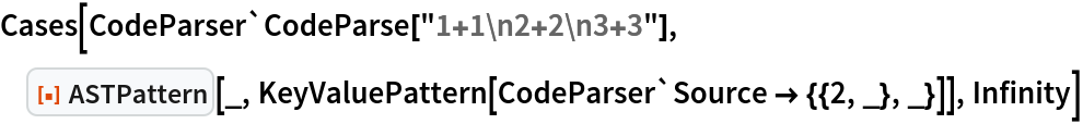 Cases[CodeParser`CodeParse["1+1\n2+2\n3+3"], ResourceFunction["ASTPattern"][_, KeyValuePattern[CodeParser`Source -> {{2, _}, _}]], Infinity]
