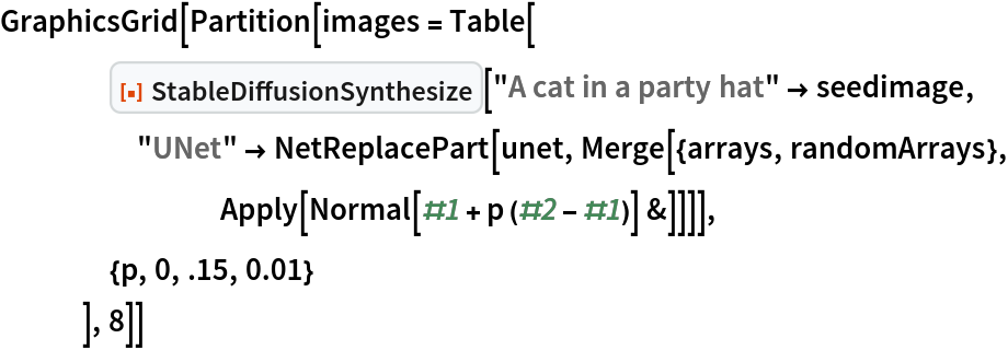 GraphicsGrid[Partition[images = Table[
    ResourceFunction["StableDiffusionSynthesize"][
     "A cat in a party hat" -> seedimage, "UNet" -> NetReplacePart[unet, Merge[{arrays, randomArrays}, Apply[Normal[#1 + p (#2 - #1)] &]]]],
    {p, 0, .15, 0.01}
    ], 8]]