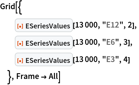 Grid[{
  ResourceFunction["ESeriesValues"][13000, "E12", 2],
  ResourceFunction["ESeriesValues"][13000, "E6", 3],
  ResourceFunction["ESeriesValues"][13000, "E3", 4]
  }, Frame -> All]