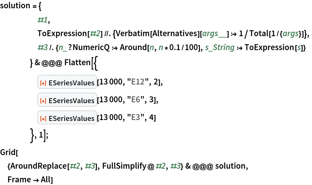 solution = {
     #1,
     ToExpression[#2] //. {Verbatim[Alternatives][args__] :> 1/Total[1/{args}]},
     #3 /. {n_?NumericQ :> Around[n, n*0.1/100], s_String :> ToExpression[s]}
     } & @@@ Flatten[{
     ResourceFunction["ESeriesValues"][13000, "E12", 2],
     ResourceFunction["ESeriesValues"][13000, "E6", 3],
     ResourceFunction["ESeriesValues"][13000, "E3", 4]
     }, 1];
Grid[
 {AroundReplace[#2, #3], FullSimplify@#2, #3} & @@@ solution,
 Frame -> All]