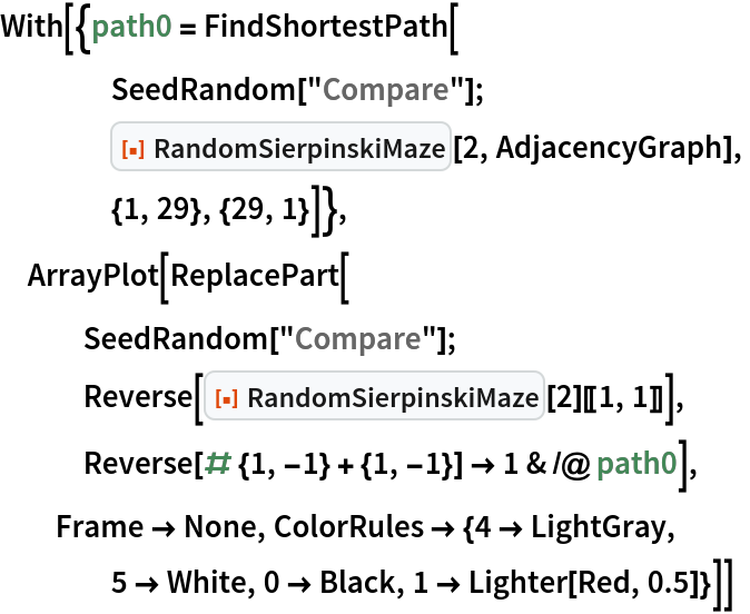 With[{path0 = FindShortestPath[
    SeedRandom["Compare"];
    ResourceFunction["RandomSierpinskiMaze"][2, AdjacencyGraph],
    {1, 29}, {29, 1}]},
 ArrayPlot[ReplacePart[
   SeedRandom["Compare"];
   Reverse[ResourceFunction["RandomSierpinskiMaze"][2][[1, 1]]],
   Reverse[# {1, -1} + {1, -1}] -> 1 & /@ path0],
  Frame -> None, ColorRules -> {4 -> LightGray,
    5 -> White, 0 -> Black, 1 -> Lighter[Red, 0.5]}]]