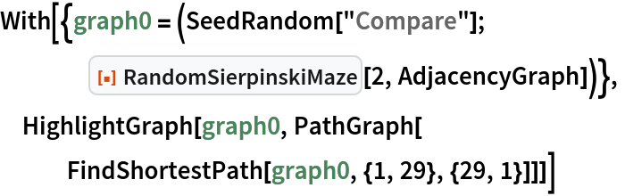With[{graph0 = (SeedRandom["Compare"];
    ResourceFunction["RandomSierpinskiMaze"][2, AdjacencyGraph])},
 HighlightGraph[graph0, PathGraph[
   FindShortestPath[graph0, {1, 29}, {29, 1}]]]]