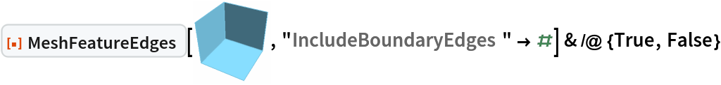 ResourceFunction["MeshFeatureEdges"][\!\(\*
Graphics3DBox[
TagBox[
DynamicModuleBox[{
        Typeset`mesh = {MeshRegion, {Method -> {"EliminateUnusedCoordinates" -> True, "DeleteDuplicateCoordinates" -> Automatic, "DeleteDuplicateCells" -> Automatic, "VertexAlias" -> Identity, "CheckOrientation" -> Automatic, "CoplanarityTolerance" -> Automatic, "CheckIntersections" -> Automatic, "BoundaryNesting" -> Automatic, "SeparateBoundaries" -> Automatic, "TJunction" -> Automatic, "PropagateMarkers" -> True, "ZeroTest" -> Automatic}}}}, 
TagBox[GraphicsComplex3DBox[{{-0.5, 0.5, -0.5}, {0.5, 0.5, -0.5}, {
          0.5, -0.5, -0.5}, {-0.5, -0.5, -0.5}, {-0.5, 0.5, 0.5}, {
          0.5, 0.5, 0.5}, {-0.5, -0.5, 0.5}}, 
{RGBColor[0.465719011680535, 0.7656186418234469, 0.8836254737685788], EdgeForm[RGBColor[
           0.465719011680535, 0.7656186418234469, 0.8836254737685788]], 
TagBox[Polygon3DBox[{{1, 2, 3, 4}, {5, 6, 2, 1}, {7, 5, 1, 4}}],
Annotation[#, "Geometry"]& ]}],
MouseAppearanceTag["LinkHand"]],
AllowKernelInitialization->False],
"MeshGraphics3D",
AutoDelete->True,
Editable->False,
Selectable->False],
Boxed->False,
DefaultBaseStyle->{"MeshGraphics3D", FrontEnd`GraphicsHighlightColor -> Hue[0.1, 1, 0.7]},
ImageSize->{49.12890625, Automatic},
Lighting->{{"Ambient", 
GrayLevel[0.45]}, {"Directional", 
GrayLevel[0.3], 
ImageScaled[{2, 0, 2}]}, {"Directional", 
GrayLevel[0.33], 
ImageScaled[{2, 2, 2}]}, {"Directional", 
GrayLevel[0.3], 
ImageScaled[{0, 2, 2}]}}]\), "IncludeBoundaryEdges" -> #] & /@ {True, False}