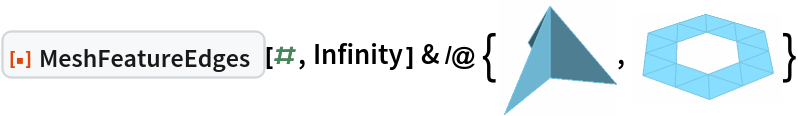 ResourceFunction["MeshFeatureEdges"][#, Infinity] & /@ {\!\(\*
Graphics3DBox[
TagBox[
DynamicModuleBox[{
       Typeset`mesh = {MeshRegion, {Method -> {"EliminateUnusedCoordinates" -> True, "DeleteDuplicateCoordinates" -> Automatic, "DeleteDuplicateCells" -> Automatic, "VertexAlias" -> Identity, "CheckOrientation" -> Automatic,
            "CoplanarityTolerance" -> Automatic, "CheckIntersections" -> Automatic, "BoundaryNesting" -> Automatic, "SeparateBoundaries" -> Automatic, "TJunction" -> Automatic, "PropagateMarkers" -> True, "ZeroTest" -> Automatic}}}}, 
TagBox[GraphicsComplex3DBox[{{0., 0., 0.}, {0., 0., 1.25}, {
         0.9396926207859084, 0.3420201433256687, 0.}, {-0.766044443118978, 0.6427876096865395, 0.}, {-0.1736481776669303, -0.984807753012208, 0.}}, 
{RGBColor[0.465719011680535, 0.7656186418234469, 0.8836254737685788], EdgeForm[RGBColor[
          0.465719011680535, 0.7656186418234469, 0.8836254737685788]], 
TagBox[Polygon3DBox[{{1, 2, 3}, {1, 2, 4}, {1, 2, 5}}],
Annotation[#, "Geometry"]& ]}],
MouseAppearanceTag["LinkHand"]],
AllowKernelInitialization->False],
"MeshGraphics3D",
AutoDelete->True,
Editable->False,
Selectable->False],
Boxed->False,
DefaultBaseStyle->{"MeshGraphics3D", FrontEnd`GraphicsHighlightColor -> Hue[0.1, 1, 0.7]},
ImageSize->{53.125000000000114`, Automatic},
Lighting->{{"Ambient", 
GrayLevel[0.45]}, {"Directional", 
GrayLevel[0.3], 
ImageScaled[{2, 0, 2}]}, {"Directional", 
GrayLevel[0.33], 
ImageScaled[{2, 2, 2}]}, {"Directional", 
GrayLevel[0.3], 
ImageScaled[{0, 2, 2}]}},
Method->{"ShrinkWrap" -> True}]\), \!\(\*
Graphics3DBox[
TagBox[
DynamicModuleBox[{
       Typeset`mesh = {MeshRegion, {Method -> {"EliminateUnusedCoordinates" -> True, "DeleteDuplicateCoordinates" -> Automatic, "DeleteDuplicateCells" -> Automatic, "VertexAlias" -> Identity, "CheckOrientation" -> Automatic,
            "CoplanarityTolerance" -> Automatic, "CheckIntersections" -> Automatic, "BoundaryNesting" -> Automatic, "SeparateBoundaries" -> Automatic, "TJunction" -> Automatic, "PropagateMarkers" -> True, "ZeroTest" -> Automatic}}}}, 
TagBox[GraphicsComplex3DBox[CompressedData["
1:eJxTTMoPSmViYGAQAmJmBhj4YM+AFTywX+UT8aJq22s0+Qf7sYt/2I/DHJh6
NHm4+Rji2M25AFV/G03+wn7s4g9wuAeuHk0ebj6GPuzuhIuj2fsCh/kvcLjz
BQ57X2D4FwBMBlqR
"], 
{RGBColor[0.465719011680535, 0.7656186418234469, 0.8836254737685788], EdgeForm[RGBColor[
          0.465719011680535, 0.7656186418234469, 0.8836254737685788]], 
TagBox[Polygon3DBox[{{15, 5, 11}, {13, 6, 12}, {15, 11, 10}, {9, 3, 16}, {8, 2, 14}, {9, 8, 14}, {10, 16, 4}, {9, 16, 10}, {
            12, 17, 7}, {6, 17, 12}, {12, 11, 13}, {7, 17, 1}, {11, 5,
             13}, {18, 8, 7}, {8, 18, 2}, {14, 3, 9}, {10, 4, 15}, {7,
             1, 18}}],
Annotation[#, "Geometry"]& ]}],
MouseAppearanceTag["LinkHand"]],
AllowKernelInitialization->False],
"MeshGraphics3D",
AutoDelete->True,
Editable->False,
Selectable->False],
Boxed->False,
DefaultBaseStyle->{"MeshGraphics3D", FrontEnd`GraphicsHighlightColor -> Hue[0.1, 1, 0.7]},
ImageSize->{66.23046875, Automatic},
Lighting->{{"Ambient", 
GrayLevel[0.45]}, {"Directional", 
GrayLevel[0.3], 
ImageScaled[{2, 0, 2}]}, {"Directional", 
GrayLevel[0.33], 
ImageScaled[{2, 2, 2}]}, {"Directional", 
GrayLevel[0.3], 
ImageScaled[{0, 2, 2}]}}]\)}
