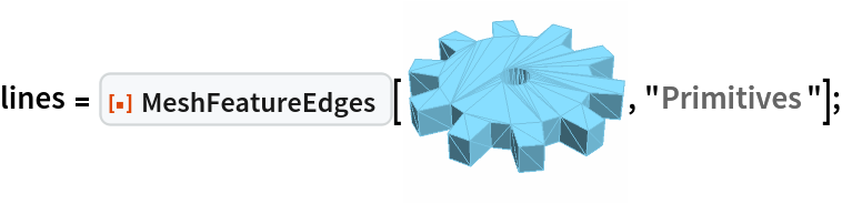 lines = ResourceFunction["MeshFeatureEdges"][\!\(\*
Graphics3DBox[
TagBox[
DynamicModuleBox[{
        Typeset`mesh = {MeshRegion, {Method -> {"EliminateUnusedCoordinates" -> True, "DeleteDuplicateCoordinates" -> Automatic, "DeleteDuplicateCells" -> Automatic, "VertexAlias" -> Identity, "CheckOrientation" -> Automatic, "CoplanarityTolerance" -> Automatic, "CheckIntersections" -> Automatic, "BoundaryNesting" -> Automatic, "SeparateBoundaries" -> Automatic, "TJunction" -> Automatic, "PropagateMarkers" -> True, "ZeroTest" -> Automatic}}}}, 
TagBox[GraphicsComplex3DBox[CompressedData["
1:eJx9Vj1oVEEQXhJEEfREQavIKTYqFhJRBGFf8IeLXrw7i6QSnhfUJiLRi6gI
pkkbg0EkaHGlRbRJK86JiCBilTQi5DobbcQQS9+be7v3zbDrQHjcl4/Z2Zlv
ZvZA8/aV6wPGmMfZ36Dp2esnl2326X7f3+LvWDO1CifAy/uu1vNve/jgdmvA
Mj4F+J3WYiX/JtuWH2mcIrjj2wgf8fbq/WvM35y7g3h5/s80x7e0MqlxKnBx
7ofGw/x3+/zCTcTTr6c4vnTw/QTi5letxn6PNoZFnJv13v3Xl8/ZiB8Rz4/j
nOfOt9ZpzCfGo+vi8hw7V9QL7ov82Z2fqpy3jxMW8eTnxiXO69DeEYyn+3Tt
Fv//5a4p9I/5R3x2afwun78xOSPymbyd4njvmQeaTwXfKj4VfF13CtQdz0W8
W9nCuuqujF7Q/m3AP+pH68QGdJLn3wbyn9fdBvSTvCv16nLy1Q1R3y/ls+x/
64uLOv9U5F/cC+oSyw8pvvMj8LFmwnFSWo3lP1av2H2FPiFvWrcub0KHkB/C
vmisn+DzP5dq9j94aI4JvpoziFMA133n+apPnel+d6b7EeuLdXSW7Hi+h/O5
OF7XflCfGA/qE+NBHeK5qAdnur9CfB0nQZyx/nWm+93Hr+Yn4jaAa72F8hDz
QwqnEJ7pKv8d0hvisf2CcTo96Ho5/SCu55j3o+aVM70HneV9zecWfR3iaz04
HYr41dwOxYl4Psf4XsUci80N9I9zBuPEOeZNvTec6XcF4jaA53uB/RR7Af27
uYF8/a7wOLyLcB7iO0H4gb0v5irsZeTjXkY+7jXNJ9Pf4+ifTH/ve4O9I/zD
XojNYeQnC0eO8b1Gf9f0fcn03zmeX6mWmd8ZqZPCCXBvWT7J9N9d/r7ZuQTn
+v0CfSrqDn0h6gW6Ffk8VOI40jd/D2P8qB8RP+Rf9AvkH/mYn9h9BT/TG/sv
9Ab3YrzzbPfAGcf/B53A4XI=
"], 
{RGBColor[0.465719011680535, 0.7656186418234469, 0.8836254737685788], EdgeForm[RGBColor[
           0.465719011680535, 0.7656186418234469, 0.8836254737685788]], 
TagBox[Polygon3DBox[CompressedData["
1:eJwNw4dbMXEAAOCsKBLlOJKdcYgjwhlZXXIhWRFyP3vvPf7z7/l6n+dVkqM0
ST07O/v3l/ZXHXh5UL+o/IE6l6ZWBfJ+FZxXSb7zsCR/V/imcfmSu29xrnAn
LpA5MZUUM35JrpDPF4qoDPK8+ss4/6VXqkKF6JxeLVfoSJlu/imLFDrEXH4s
/Zgff4zBksKkezSWbEEj22ZM2ticzySbk7xKfXKuPgVE6kqQ0pnsOCG4xgWm
JzvPg1/zcAhz30Bu5VfmQpnRYtBTxG6P+MKYVh/WZhyUiwxFnv5Syr+s7+DS
Cm7cHt6NB3gNl8AQSfh8iQ9ZKHovi1IcTibFyXQ+s5jPrGfXRyJ7y3IZvOlE
MSs3pF0h2a1Ldh99ld6/Sl/Demn44SWueYjH39BssaaJo+hbzILGLLH3Yrdm
tbz3h7CqDTfbqlq3h5xkekQm1ct2B6Q77vXGM/GSPocnwwnc7sP1pgpZbsbr
mex0ixxOmx2yROjjLmV9ms1OR+aYwjZC1wIIni+pYjqDSj8djucM+nrMZK2Z
rNP69sTqFpXHw/6iq6R0L6yXCQEb4rAFVxzBYbff77a8a+iGByGQUQshu81W
yEUVQhQ1KdAn03azQusabh3V1FVieLlZriSw+E4ilt1L5cqiQV68NCSKCUPk
CdWo1A8a9Wq50GsRSwRdzhdmxPhoNlojlkTEuphPgcjLFwHQarjtPszu9tqx
+WSqs3srHUDjg0p5UOvh2Ro+nYzwjyxx3E9tyaBtChq0TgtMhqPKoONyYE6H
69npGg0HxGI6GgSH/YEjg7mwkMeHrxYEsV3ttwR+JGZHfDoKEtPkoN8R6bzB
QbkULGPhUL/d8bh9vg/ci2XS3kyn3fLnQdwPAv74SyDebrZazcZbHERD4ddo
uDfDY2/gPQaa9UaOBPkcSBHJz1Qy85Uu5PKNOu27kC//lMgKqFbI3yr5H5RX
wtc=
"]],
Annotation[#, "Geometry"]& ]}],
MouseAppearanceTag["LinkHand"]],
AllowKernelInitialization->False],
"MeshGraphics3D",
AutoDelete->True,
Editable->False,
Selectable->False],
Boxed->False,
DefaultBaseStyle->{"MeshGraphics3D", FrontEnd`GraphicsHighlightColor -> Hue[0.1, 1, 0.7]},
Lighting->{{"Ambient", 
GrayLevel[0.45]}, {"Directional", 
GrayLevel[0.3], 
ImageScaled[{2, 0, 2}]}, {"Directional", 
GrayLevel[0.33], 
ImageScaled[{2, 2, 2}]}, {"Directional", 
GrayLevel[0.3], 
ImageScaled[{0, 2, 2}]}}]\), "Primitives"];