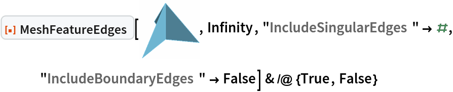 ResourceFunction["MeshFeatureEdges"][\!\(\*
Graphics3DBox[
TagBox[
DynamicModuleBox[{
        Typeset`mesh = {MeshRegion, {Method -> {"EliminateUnusedCoordinates" -> True, "DeleteDuplicateCoordinates" -> Automatic, "DeleteDuplicateCells" -> Automatic, "VertexAlias" -> Identity, "CheckOrientation" -> Automatic, "CoplanarityTolerance" -> Automatic, "CheckIntersections" -> Automatic, "BoundaryNesting" -> Automatic, "SeparateBoundaries" -> Automatic, "TJunction" -> Automatic, "PropagateMarkers" -> True, "ZeroTest" -> Automatic}}}}, 
TagBox[GraphicsComplex3DBox[{{0., 0., 0.}, {0., 0., 1.25}, {
          0.9396926207859084, 0.3420201433256687, 0.}, {-0.766044443118978, 0.6427876096865395, 0.}, {-0.1736481776669303, -0.984807753012208, 0.}}, 
{RGBColor[0.465719011680535, 0.7656186418234469, 0.8836254737685788], EdgeForm[RGBColor[
           0.465719011680535, 0.7656186418234469, 0.8836254737685788]], 
TagBox[Polygon3DBox[{{1, 2, 3}, {1, 2, 4}, {1, 2, 5}}],
Annotation[#, "Geometry"]& ]}],
MouseAppearanceTag["LinkHand"]],
AllowKernelInitialization->False],
"MeshGraphics3D",
AutoDelete->True,
Editable->False,
Selectable->False],
Boxed->False,
DefaultBaseStyle->{"MeshGraphics3D", FrontEnd`GraphicsHighlightColor -> Hue[0.1, 1, 0.7]},
ImageSize->{53.125000000000114`, Automatic},
Lighting->{{"Ambient", 
GrayLevel[0.45]}, {"Directional", 
GrayLevel[0.3], 
ImageScaled[{2, 0, 2}]}, {"Directional", 
GrayLevel[0.33], 
ImageScaled[{2, 2, 2}]}, {"Directional", 
GrayLevel[0.3], 
ImageScaled[{0, 2, 2}]}},
Method->{"ShrinkWrap" -> True}]\), Infinity, "IncludeSingularEdges" -> #, "IncludeBoundaryEdges" -> False] & /@ {True, False}