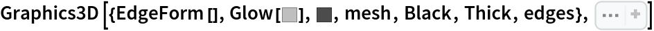 Graphics3D[{EdgeForm[], Glow[
GrayLevel[0.75]], GrayLevel[0.3], mesh, Black, Thick, edges}, Sequence[
 Boxed -> False, Lighting -> "Accent", ImageSize -> 150, ImagePadding -> 10]]
