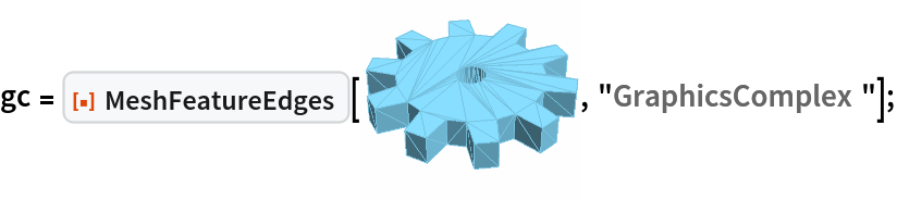 gc = ResourceFunction["MeshFeatureEdges"][\!\(\*
Graphics3DBox[
TagBox[
DynamicModuleBox[{
        Typeset`mesh = {MeshRegion, {Method -> {"EliminateUnusedCoordinates" -> True, "DeleteDuplicateCoordinates" -> Automatic, "DeleteDuplicateCells" -> Automatic, "VertexAlias" -> Identity, "CheckOrientation" -> Automatic, "CoplanarityTolerance" -> Automatic, "CheckIntersections" -> Automatic, "BoundaryNesting" -> Automatic, "SeparateBoundaries" -> Automatic, "TJunction" -> Automatic, "PropagateMarkers" -> True, "ZeroTest" -> Automatic}}}}, 
TagBox[GraphicsComplex3DBox[CompressedData["
1:eJx9Vj1oVEEQXhJEEfREQavIKTYqFhJRBGFf8IeLXrw7i6QSnhfUJiLRi6gI
pkkbg0EkaHGlRbRJK86JiCBilTQi5DobbcQQS9+be7v3zbDrQHjcl4/Z2Zlv
ZvZA8/aV6wPGmMfZ36Dp2esnl2326X7f3+LvWDO1CifAy/uu1vNve/jgdmvA
Mj4F+J3WYiX/JtuWH2mcIrjj2wgf8fbq/WvM35y7g3h5/s80x7e0MqlxKnBx
7ofGw/x3+/zCTcTTr6c4vnTw/QTi5letxn6PNoZFnJv13v3Xl8/ZiB8Rz4/j
nOfOt9ZpzCfGo+vi8hw7V9QL7ov82Z2fqpy3jxMW8eTnxiXO69DeEYyn+3Tt
Fv//5a4p9I/5R3x2afwun78xOSPymbyd4njvmQeaTwXfKj4VfF13CtQdz0W8
W9nCuuqujF7Q/m3AP+pH68QGdJLn3wbyn9fdBvSTvCv16nLy1Q1R3y/ls+x/
64uLOv9U5F/cC+oSyw8pvvMj8LFmwnFSWo3lP1av2H2FPiFvWrcub0KHkB/C
vmisn+DzP5dq9j94aI4JvpoziFMA133n+apPnel+d6b7EeuLdXSW7Hi+h/O5
OF7XflCfGA/qE+NBHeK5qAdnur9CfB0nQZyx/nWm+93Hr+Yn4jaAa72F8hDz
QwqnEJ7pKv8d0hvisf2CcTo96Ho5/SCu55j3o+aVM70HneV9zecWfR3iaz04
HYr41dwOxYl4Psf4XsUci80N9I9zBuPEOeZNvTec6XcF4jaA53uB/RR7Af27
uYF8/a7wOLyLcB7iO0H4gb0v5irsZeTjXkY+7jXNJ9Pf4+ifTH/ve4O9I/zD
XojNYeQnC0eO8b1Gf9f0fcn03zmeX6mWmd8ZqZPCCXBvWT7J9N9d/r7ZuQTn
+v0CfSrqDn0h6gW6Ffk8VOI40jd/D2P8qB8RP+Rf9AvkH/mYn9h9BT/TG/sv
9Ab3YrzzbPfAGcf/B53A4XI=
"], 
{RGBColor[0.465719011680535, 0.7656186418234469, 0.8836254737685788], EdgeForm[RGBColor[
           0.465719011680535, 0.7656186418234469, 0.8836254737685788]], 
TagBox[Polygon3DBox[CompressedData["
1:eJwNw4dbMXEAAOCsKBLlOJKdcYgjwhlZXXIhWRFyP3vvPf7z7/l6n+dVkqM0
ST07O/v3l/ZXHXh5UL+o/IE6l6ZWBfJ+FZxXSb7zsCR/V/imcfmSu29xrnAn
LpA5MZUUM35JrpDPF4qoDPK8+ss4/6VXqkKF6JxeLVfoSJlu/imLFDrEXH4s
/Zgff4zBksKkezSWbEEj22ZM2ticzySbk7xKfXKuPgVE6kqQ0pnsOCG4xgWm
JzvPg1/zcAhz30Bu5VfmQpnRYtBTxG6P+MKYVh/WZhyUiwxFnv5Syr+s7+DS
Cm7cHt6NB3gNl8AQSfh8iQ9ZKHovi1IcTibFyXQ+s5jPrGfXRyJ7y3IZvOlE
MSs3pF0h2a1Ldh99ld6/Sl/Demn44SWueYjH39BssaaJo+hbzILGLLH3Yrdm
tbz3h7CqDTfbqlq3h5xkekQm1ct2B6Q77vXGM/GSPocnwwnc7sP1pgpZbsbr
mex0ixxOmx2yROjjLmV9ms1OR+aYwjZC1wIIni+pYjqDSj8djucM+nrMZK2Z
rNP69sTqFpXHw/6iq6R0L6yXCQEb4rAFVxzBYbff77a8a+iGByGQUQshu81W
yEUVQhQ1KdAn03azQusabh3V1FVieLlZriSw+E4ilt1L5cqiQV68NCSKCUPk
CdWo1A8a9Wq50GsRSwRdzhdmxPhoNlojlkTEuphPgcjLFwHQarjtPszu9tqx
+WSqs3srHUDjg0p5UOvh2Ro+nYzwjyxx3E9tyaBtChq0TgtMhqPKoONyYE6H
69npGg0HxGI6GgSH/YEjg7mwkMeHrxYEsV3ttwR+JGZHfDoKEtPkoN8R6bzB
QbkULGPhUL/d8bh9vg/ci2XS3kyn3fLnQdwPAv74SyDebrZazcZbHERD4ddo
uDfDY2/gPQaa9UaOBPkcSBHJz1Qy85Uu5PKNOu27kC//lMgKqFbI3yr5H5RX
wtc=
"]],
Annotation[#, "Geometry"]& ]}],
MouseAppearanceTag["LinkHand"]],
AllowKernelInitialization->False],
"MeshGraphics3D",
AutoDelete->True,
Editable->False,
Selectable->False],
Boxed->False,
DefaultBaseStyle->{"MeshGraphics3D", FrontEnd`GraphicsHighlightColor -> Hue[0.1, 1, 0.7]},
Lighting->{{"Ambient", 
GrayLevel[0.45]}, {"Directional", 
GrayLevel[0.3], 
ImageScaled[{2, 0, 2}]}, {"Directional", 
GrayLevel[0.33], 
ImageScaled[{2, 2, 2}]}, {"Directional", 
GrayLevel[0.3], 
ImageScaled[{0, 2, 2}]}}]\), "GraphicsComplex"];