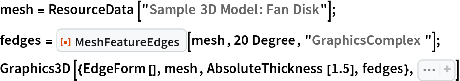 mesh = ResourceData["Sample 3D Model: Fan Disk"];
fedges = ResourceFunction["MeshFeatureEdges"][mesh, 20 Degree, "GraphicsComplex"];
Graphics3D[{EdgeForm[], mesh, AbsoluteThickness[1.5], fedges}, Sequence[
 Boxed -> False, Method -> {"ShrinkWrap" -> True}, Lighting -> {
AmbientLight[
GrayLevel[0.4]], 
DirectionalLight[
GrayLevel[0.6], 
ImageScaled[{1, 1, 3}]]}]]