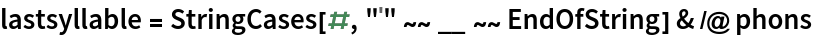 lastsyllable = StringCases[#, "ˈ" ~~ __ ~~ EndOfString] & /@ phons