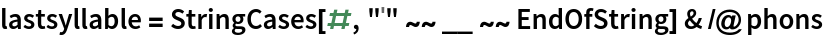 lastsyllable = StringCases[#, "ˈ" ~~ __ ~~ EndOfString] & /@ phons