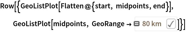 Row[{GeoListPlot[Flatten@{start, midpoints, end}], GeoListPlot[midpoints, GeoRange -> Quantity[80, "Kilometers"]]}]