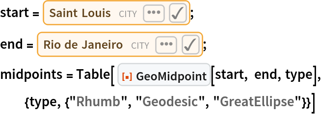 start = Entity["City", {"SaintLouis", "Missouri", "UnitedStates"}];
end = Entity["City", {"RioDeJaneiro", "RioDeJaneiro", "Brazil"}];
midpoints = Table[ ResourceFunction["GeoMidpoint"][start, end, type], {type, {"Rhumb", "Geodesic", "GreatEllipse"}}]
