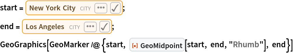 start = Entity["City", {"NewYork", "NewYork", "UnitedStates"}];
end = Entity["City", {"LosAngeles", "California", "UnitedStates"}];
GeoGraphics[
 GeoMarker /@ {start, ResourceFunction["GeoMidpoint"][start, end, "Rhumb"], end}]