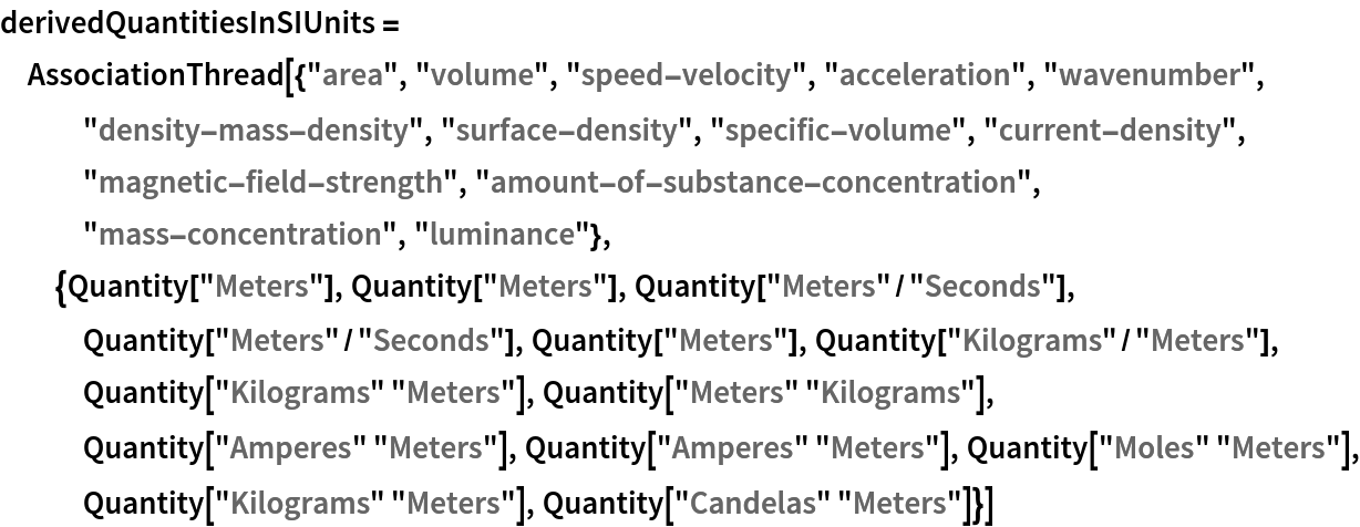 derivedQuantitiesInSIUnits = AssociationThread[{"area", "volume", "speed-velocity", "acceleration", "wavenumber", "density-mass-density", "surface-density", "specific-volume", "current-density", "magnetic-field-strength", "amount-of-substance-concentration", "mass-concentration", "luminance"}, {Quantity["Meters"], Quantity["Meters"], Quantity["Meters"/"Seconds"], Quantity["Meters"/"Seconds"], Quantity["Meters"], Quantity["Kilograms"/"Meters"], Quantity["Kilograms" "Meters"], Quantity["Meters" "Kilograms"], Quantity["Amperes" "Meters"], Quantity["Amperes" "Meters"], Quantity["Moles" "Meters"], Quantity["Kilograms" "Meters"], Quantity["Candelas" "Meters"]}]