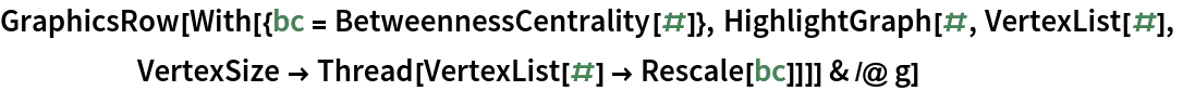 GraphicsRow[
 With[{bc = BetweennessCentrality[#]}, HighlightGraph[#, VertexList[#],
     VertexSize -> Thread[VertexList[#] -> Rescale[bc]]]] & /@ g]