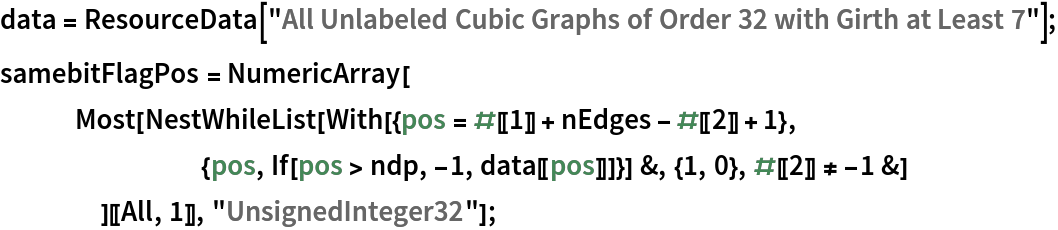 data = ResourceData[\!\(\*
TagBox["\"\<All Unlabeled Cubic Graphs of Order 32 with Girth at Least 7\>\"",
#& ,
BoxID -> "ResourceTag-All Unlabeled Cubic Graphs of Order 32 with Girth at Least 7-Input",
AutoDelete->True]\)];
samebitFlagPos = NumericArray[
   Most[NestWhileList[With[{pos = #[[1]] + nEdges - #[[2]] + 1},
        {pos, If[pos > ndp, -1, data[[pos]]]}] &, {1, 0}, #[[2]] != -1 &]
     ][[All, 1]], "UnsignedInteger32"];