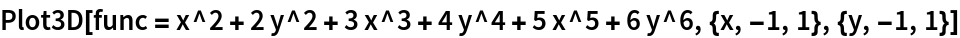 Plot3D[func = x^2 + 2 y^2 + 3 x^3 + 4 y^4 + 5 x^5 + 6 y^6, {x, -1, 1}, {y, -1, 1}]