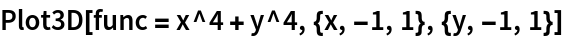 Plot3D[func = x^4 + y^4, {x, -1, 1}, {y, -1, 1}]