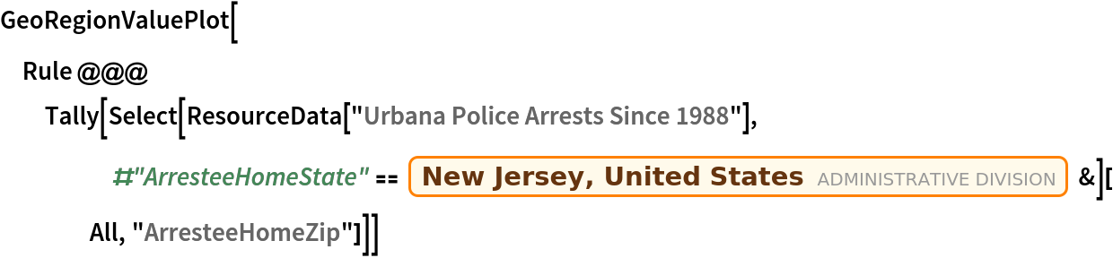 GeoRegionValuePlot[
 Rule @@@ Tally[Select[
     ResourceData[
      "Urbana Police Arrests Since 1988"], #"ArresteeHomeState" == Entity["AdministrativeDivision", {"NewJersey", "UnitedStates"}] &][All, "ArresteeHomeZip"]]]