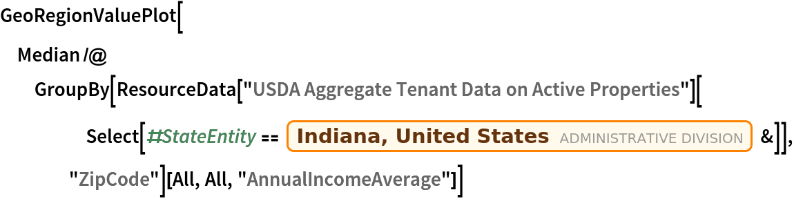 GeoRegionValuePlot[
 Median /@ GroupBy[ResourceData[
      "USDA Aggregate Tenant Data on Active Properties"][
     Select[#StateEntity == Entity["AdministrativeDivision", {"Indiana", "UnitedStates"}] &]], "ZipCode"][All, All, "AnnualIncomeAverage"]]