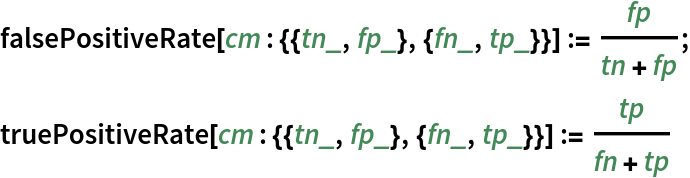 falsePositiveRate[cm : {{tn_, fp_}, {fn_, tp_}}] := fp/(tn + fp); 
truePositiveRate[cm : {{tn_, fp_}, {fn_, tp_}}] := tp/(fn + tp)