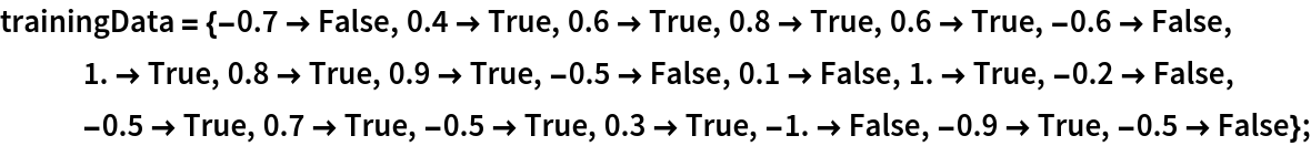 trainingData = {-0.7 -> False, 0.4 -> True, 0.6 -> True, 0.8 -> True, 0.6 -> True, -0.6 -> False, 1. -> True, 0.8 -> True, 0.9 -> True, -0.5 -> False, 0.1 -> False, 1. -> True, -0.2 -> False, -0.5 -> True, 0.7 -> True, -0.5 -> True,
    0.3 -> True, -1. -> False, -0.9 -> True, -0.5 -> False};