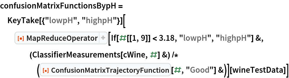 confusionMatrixFunctionsBypH = KeyTake[{"lowpH", "highpH"}][ResourceFunction[
ResourceObject[
Association[
      "Name" -> "MapReduceOperator", "ShortName" -> "MapReduceOperator", "UUID" -> "856f4937-9a4c-44a9-88ae-cfc2efd4698f", "ResourceType" -> "Function", "Version" -> "1.0.0", "Description" -> "Like an operator form of GroupBy, but where \
one also specifies a reducer function to be applied", "RepositoryLocation" -> URL[
        "https://www.wolframcloud.com/objects/resourcesystem/api/1.0"]\
, "SymbolName" -> "FunctionRepository`$\
ad7fe533436b4f8294edfa758a34ac26`MapReduceOperator", "FunctionLocation" -> CloudObject[
        "https://www.wolframcloud.com/obj/6d981522-1eb3-4b54-84f6-\
55667fb2e236"]], ResourceSystemBase -> Automatic]][
    If[#[[1, 9]] < 3.18, "lowpH", "highpH"] &, (ClassifierMeasurements[
        cWine, #] &) /* (ResourceFunction[
        "ConfusionMatrixTrajectoryFunction"][#, "Good"] &)][
   wineTestData]]