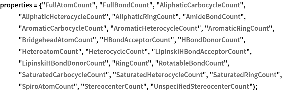 properties = {"FullAtomCount", "FullBondCount", "AliphaticCarbocycleCount", "AliphaticHeterocycleCount", "AliphaticRingCount", "AmideBondCount", "AromaticCarbocycleCount", "AromaticHeterocycleCount", "AromaticRingCount", "BridgeheadAtomCount", "HBondAcceptorCount", "HBondDonorCount", "HeteroatomCount", "HeterocycleCount", "LipinskiHBondAcceptorCount", "LipinskiHBondDonorCount", "RingCount", "RotatableBondCount", "SaturatedCarbocycleCount", "SaturatedHeterocycleCount", "SaturatedRingCount", "SpiroAtomCount", "StereocenterCount", "UnspecifiedStereocenterCount"};