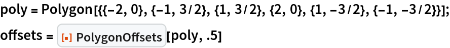 poly = Polygon[{{-2, 0}, {-1, 3/2}, {1, 3/2}, {2, 0}, {1, -3/2}, {-1, -3/2}}];
offsets = ResourceFunction["PolygonOffsets"][poly, .5]